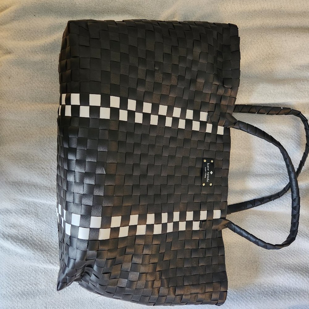 kate spade Black Woven Tote with White Checker Stripe